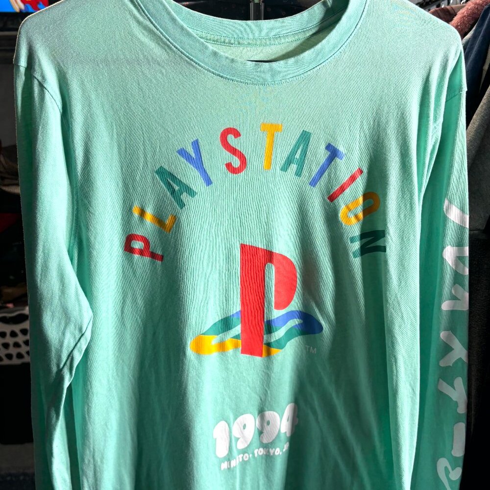 SONY Playstation Long Sleeve Retro 1994 Graphic Unisex Shirt Teal Size Medium